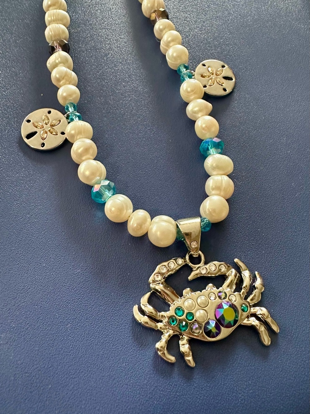 White Pearl Necklace with Swarovski Crystal Accents and Silver Crab Pendant - Picture 3 of 6